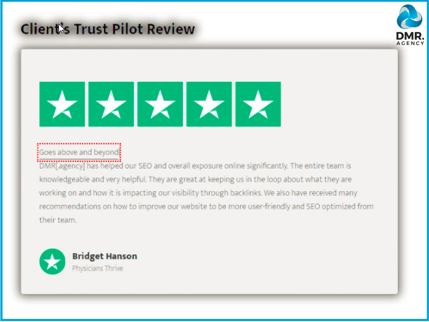 Trustpilot review for DMR.agency from Physicians Thrive